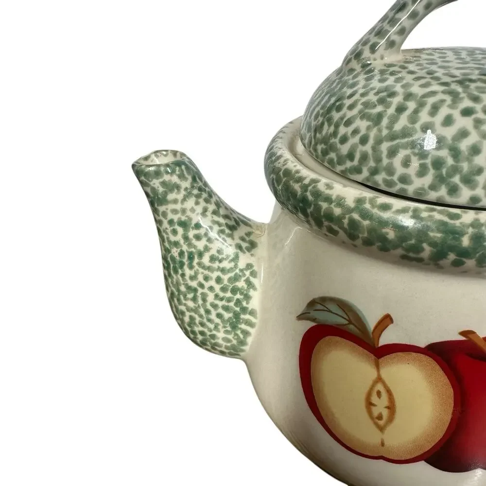 Vtg Country Farmhouse 80s 90s Ceramic Red Apple Design Teapot Sponge Paint 7.5